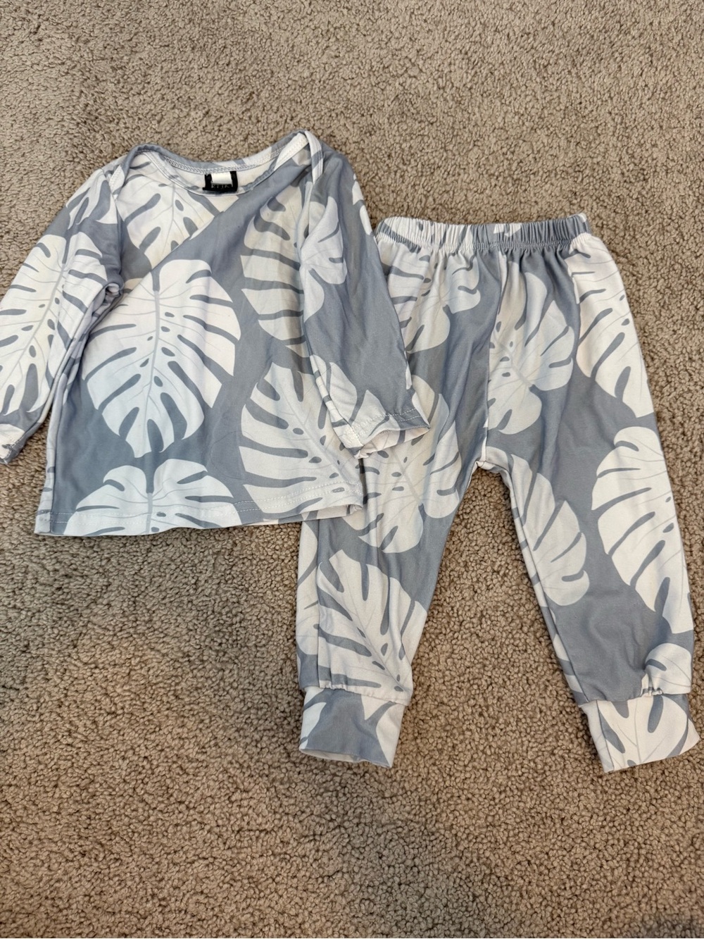 Kids Long Sleeve Modern Keiki Set - Light Gray monstera Leaf Print 3-6m